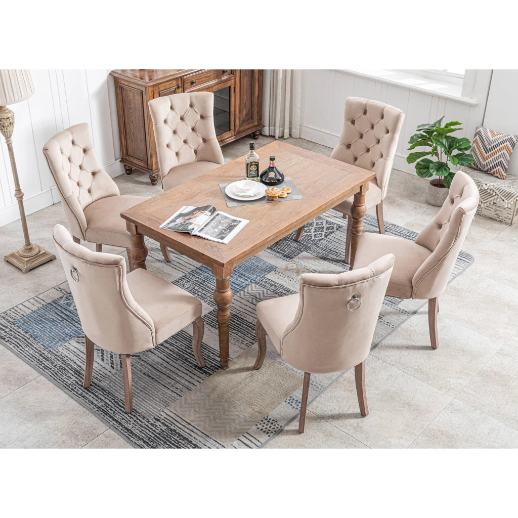 Sedie da pranzo set di 6 in velluto beige con schienale alto capitonné e gambe in legno 97 × 51 × 47 cm