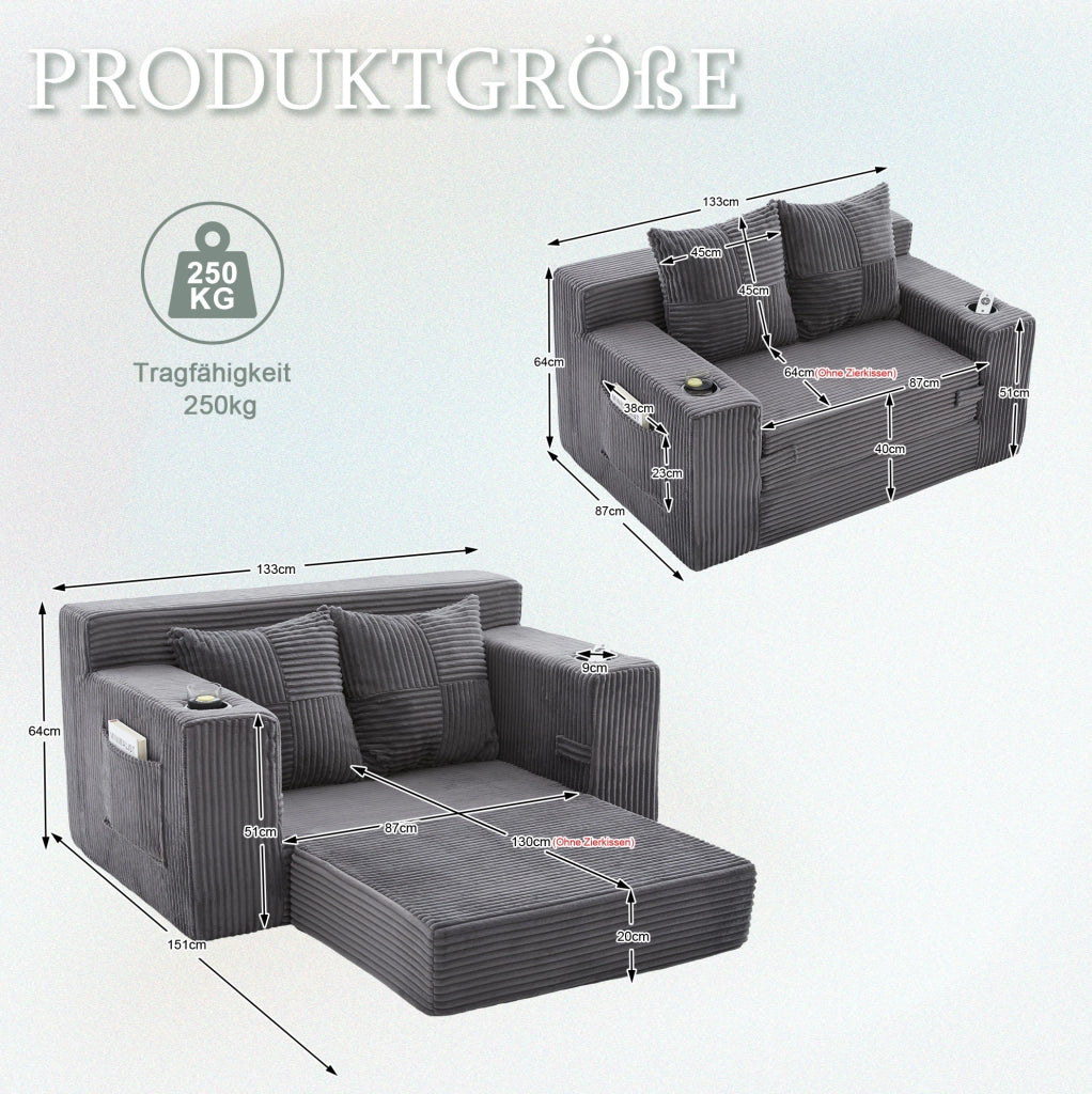 DIVANO Pouf 151x133 cm Velluto a coste Grigio con 2 cuscini e tasche laterali