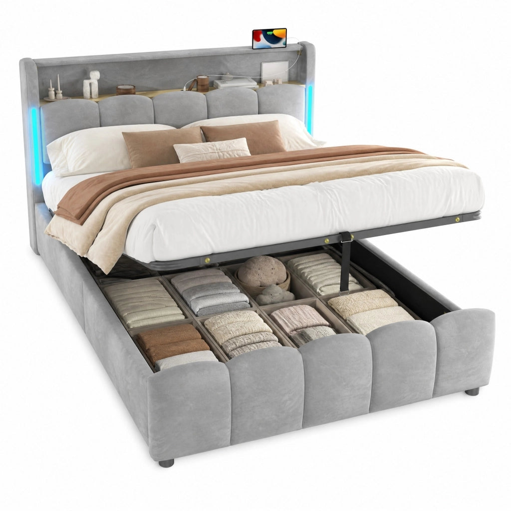 Letto matrimoniale 140x200 cm con contenitore idraulico; LED e USB-C; velluto grigio