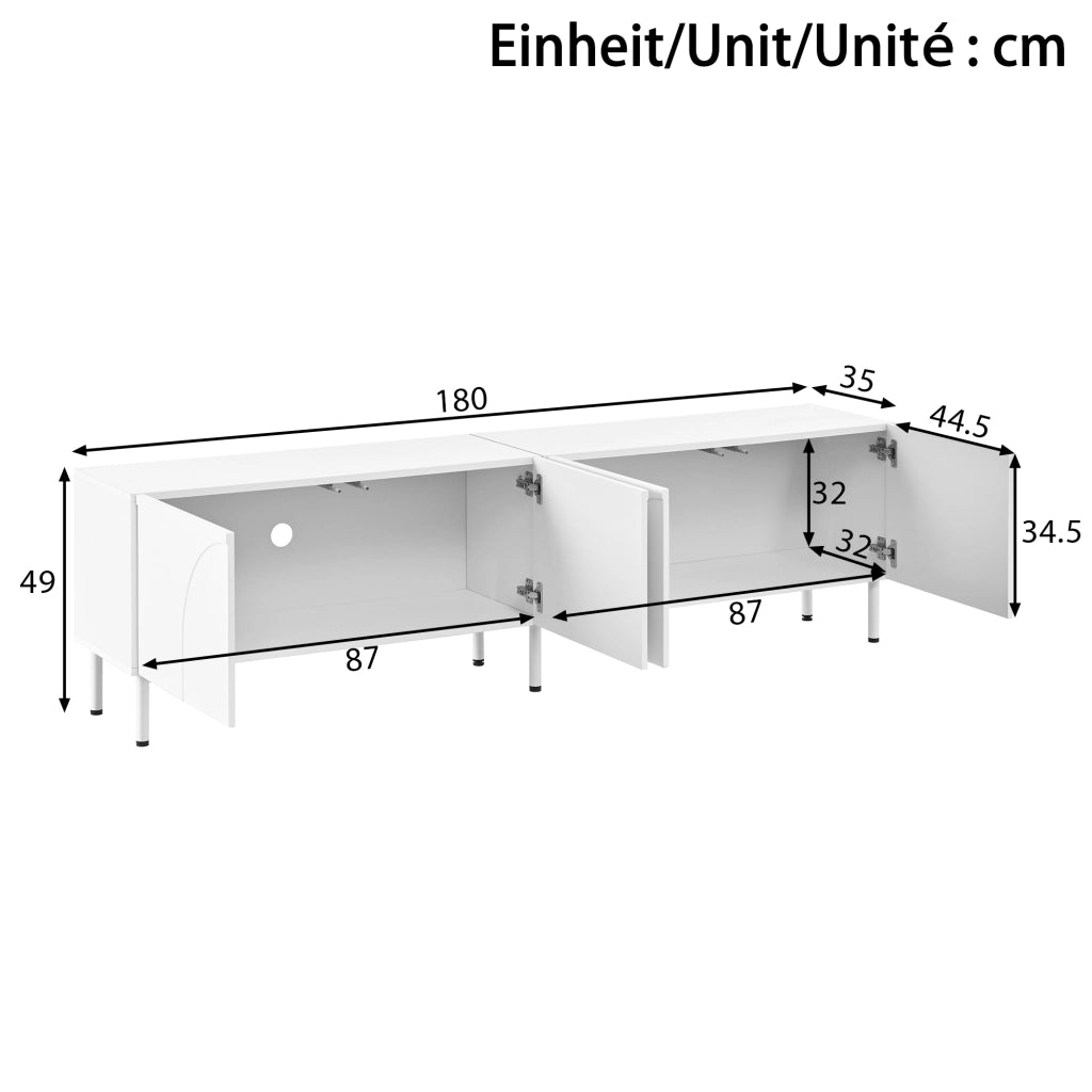 Mobile TV a quattro ante con linee curve tridimensionali in MDF e pannello truciolare bianco 180 × 35 × 49 cm