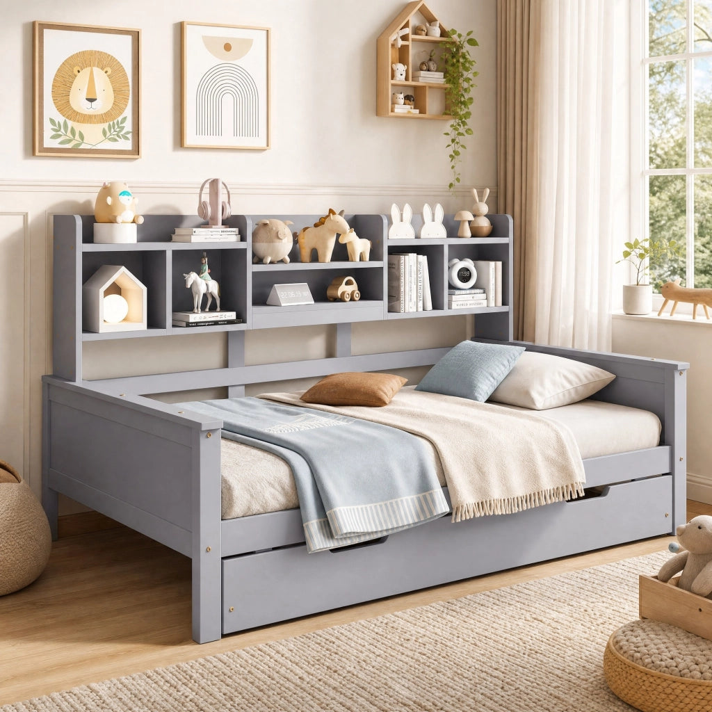 Letto con letto estraibile 90 × 200 cm con secondo letto 90 × 190 cm ripiani posteriori rete a doghe legno grigio