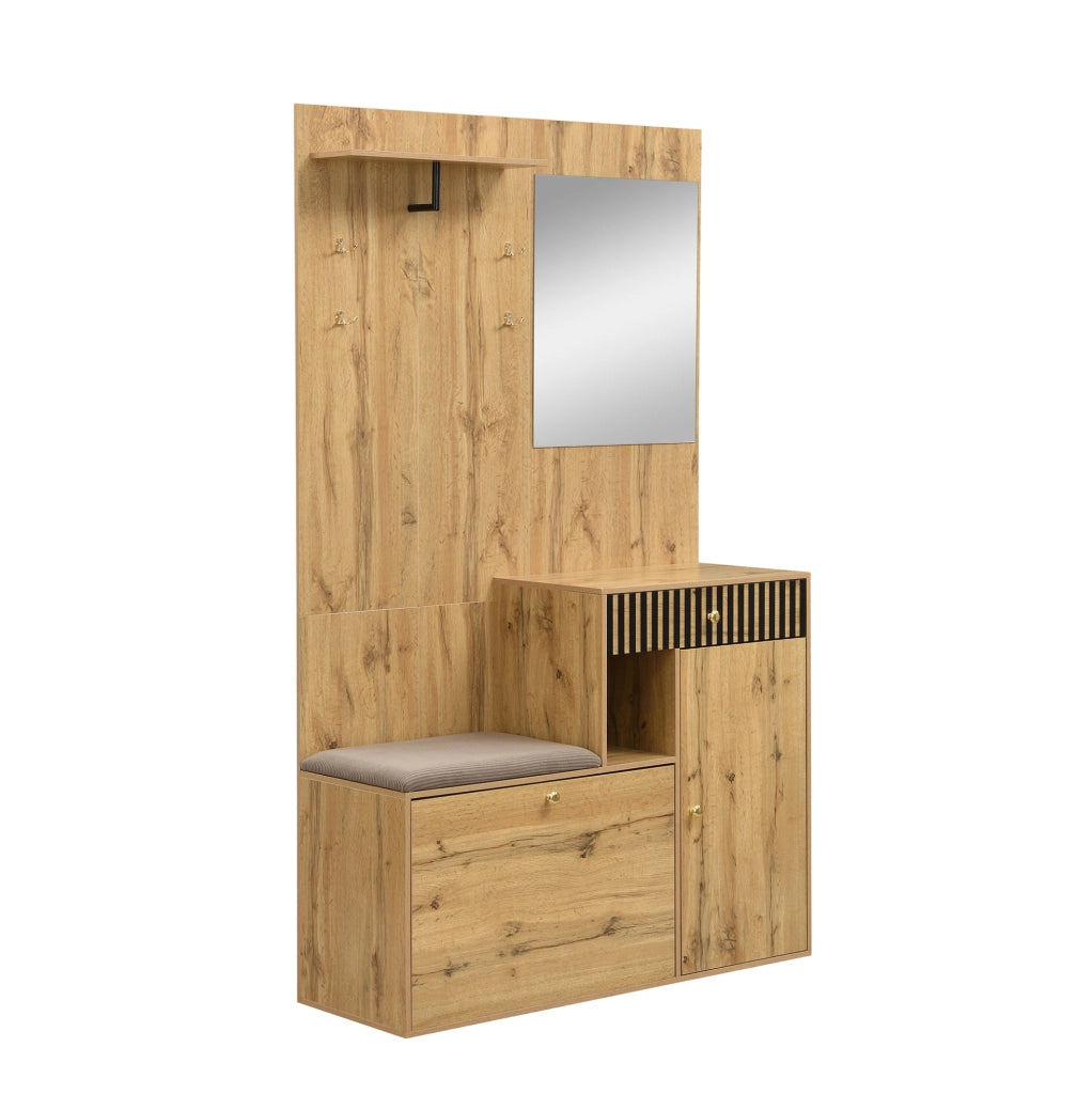 Mobile ingresso con specchio, seduta e appendiabiti MDF