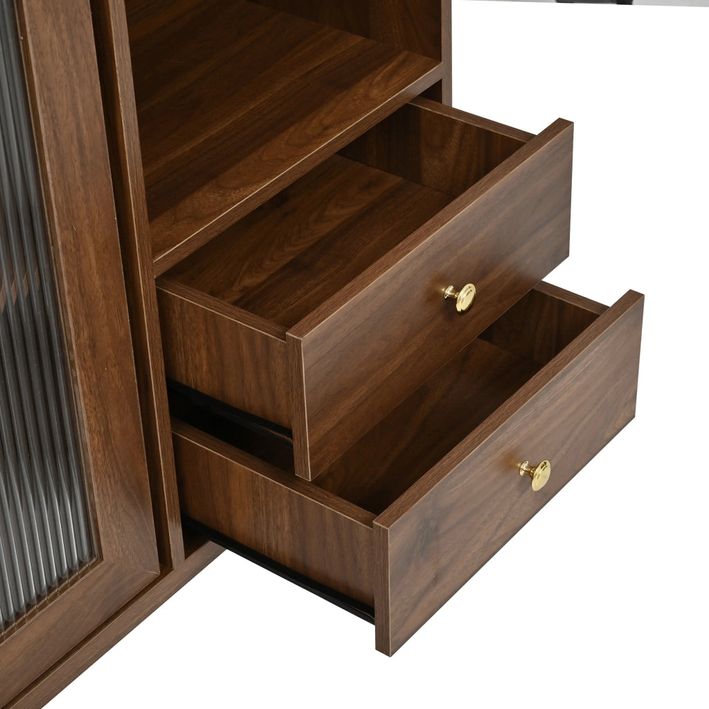 Credenza da cucina con 4 ante scorrevoli in vetro rigato; 2 cassetti e pannello forato noce 117 × 30 × 170 cm