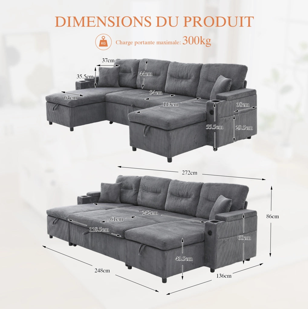 Divano 4 posti in tessuto a coste con doppia chaise longue