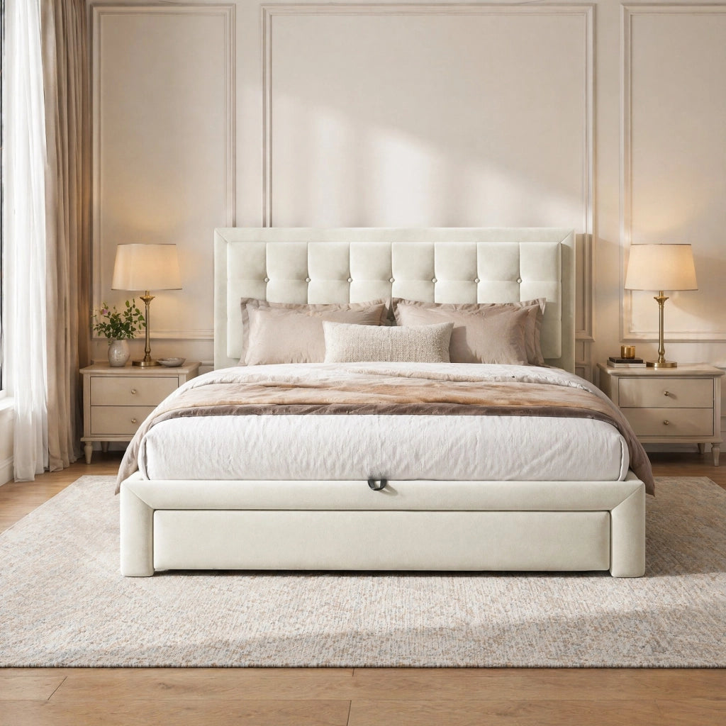 Letto con cassetti rivestito in velluto beige con testiera regolabile e sistema di sollevamento idraulico