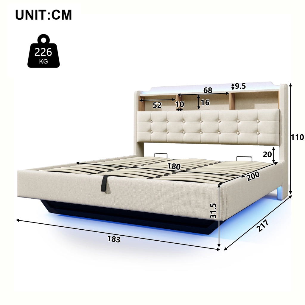 Letto matrimoniale 180 × 200 cm 2 posti con contenitore idraulico; LED; USB e Type-C; senza materasso; beige