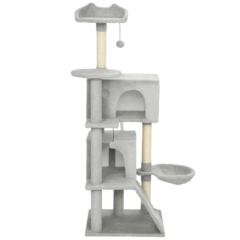 Tiragraffi per gatti con piattaforme, cuccia, amaca, scala e pali in sisal grigio chiaro per 1-3 gatti