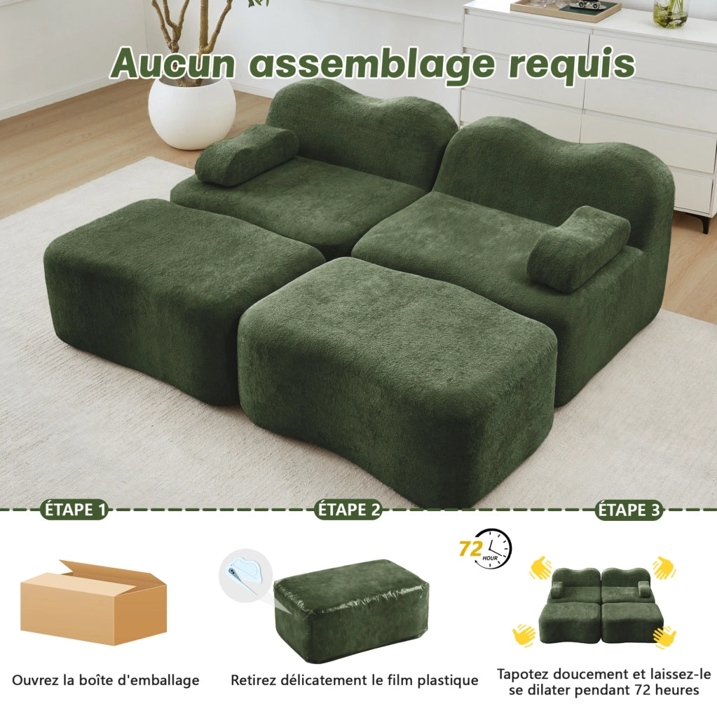 Divano modulare angolare verde in velluto, 3 posti con pouf, schiuma ad alta resilienza 32D