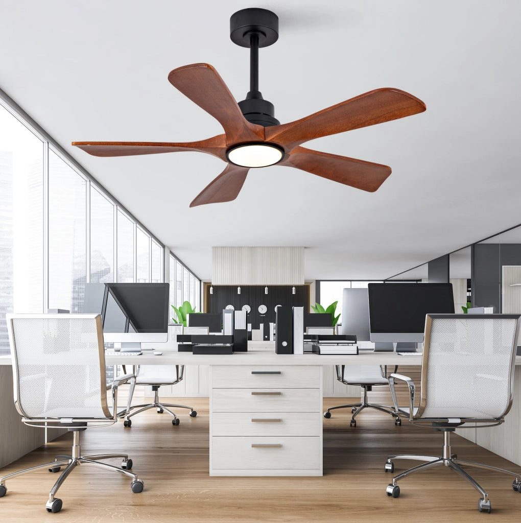 Ventilatore da soffitto 42" con 5 pale in legno di Paulownia, illuminazione LED dimmerabile e telecomando, 6 velocità, funzione inversione, per soggiorno e patio