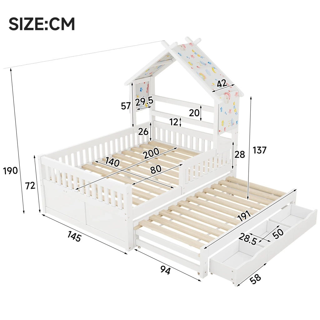 Letto a piattaforma in legno forma casa 140x200 cm, bianco, con letto estraibile, 3 cassetti e sponde di sicurezza