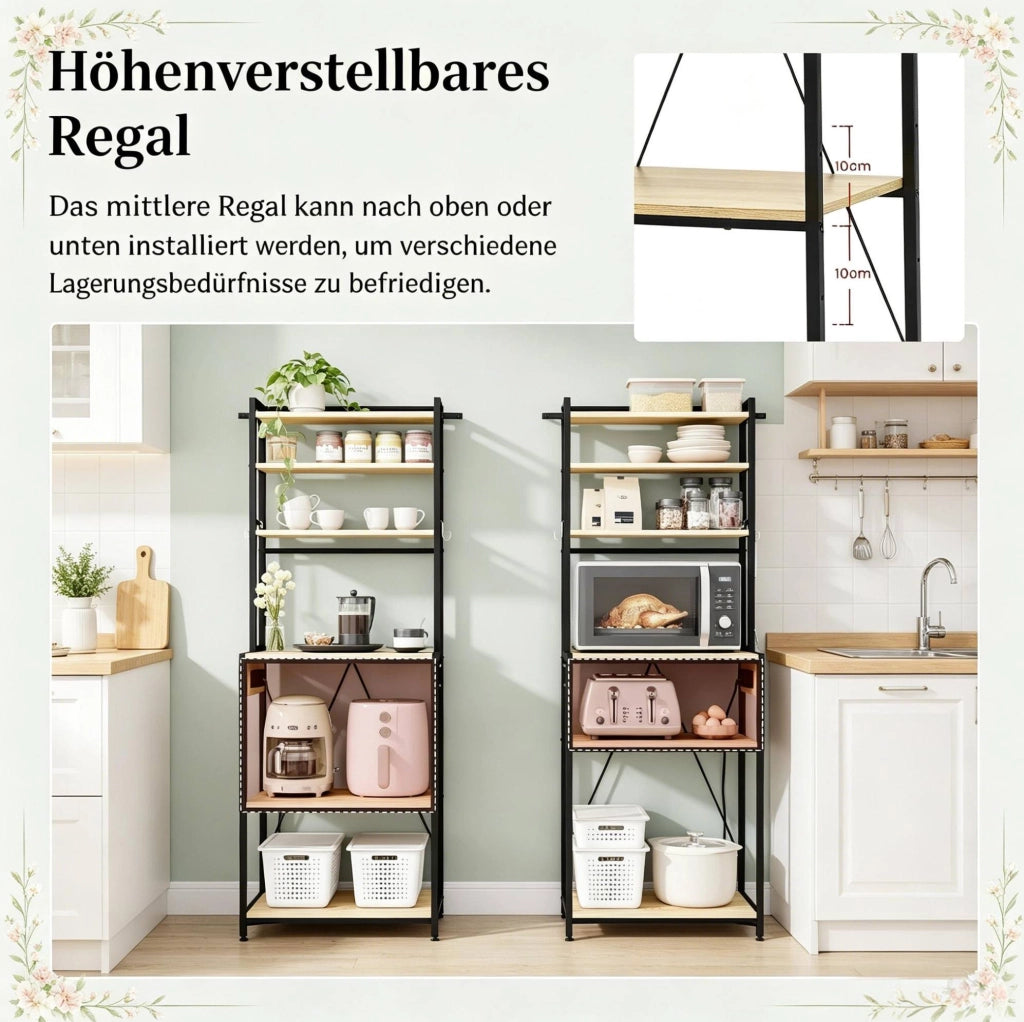 Stabile Küchenregal mit Steckdosen, 60x40x167 cm, Schwarz und Licht Eiche, Küchen- und Kaffee-Bar Station