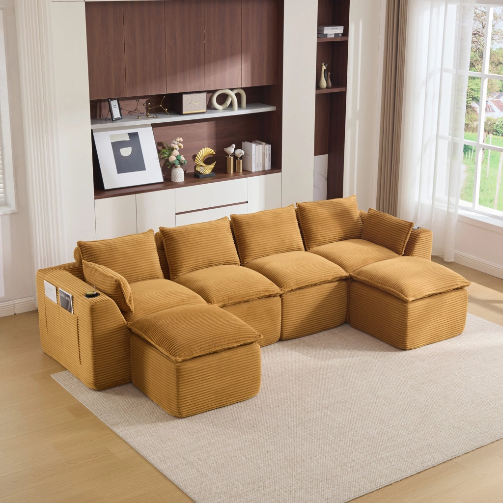 Divano modulare 4 posti con 2 pouf, tessuto in velluto arancione, cuscini, portabicchieri e tasche laterali
