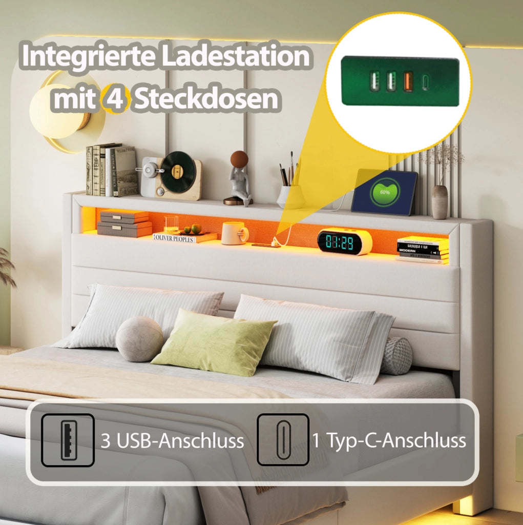 LETTO Imbottito 160x200 cm Beige con USB, LED e contenitore idraulico