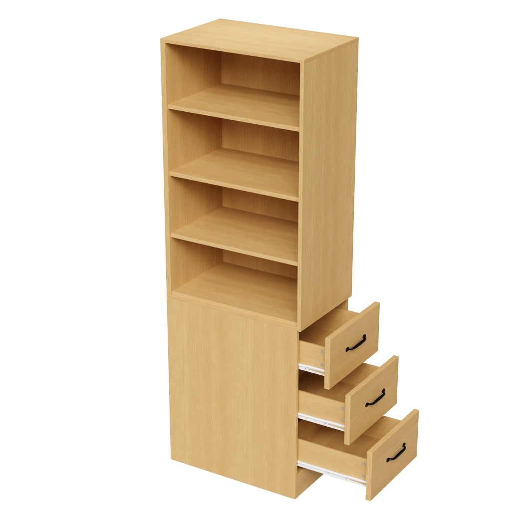 Libreria stretta per piccoli spazi in truciolare; 180 cm; 3 cassetti laterali; ripiani regolabili