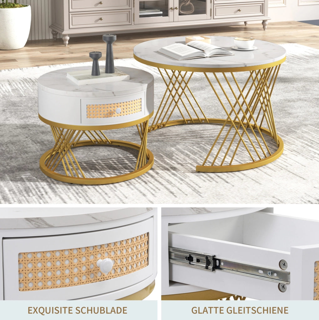 Set di 2 tavolini rotondi in MDF con cassetto; bianco e oro