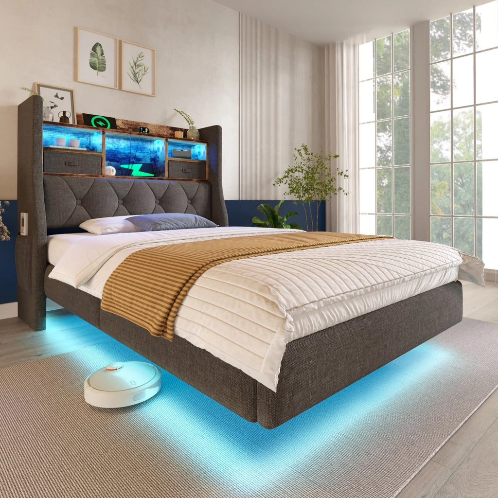 Letto singolo 90 × 200 cm 1 posto con LED regolabile; testiera contenitore; 3 USB e Type-C; senza materasso; grigio