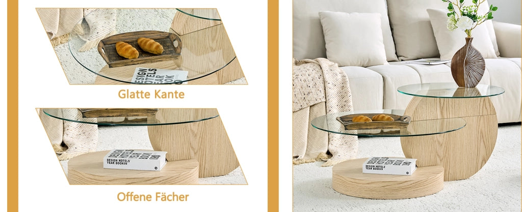 Tavolino da caffè moderno con piano in vetro di sicurezza e struttura in MDF effetto legno chiaro, design a due livelli