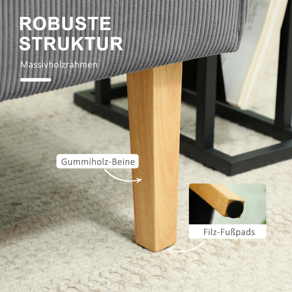 Divano 2 posti in velluto a coste grigio con gambe in legno, 110 x 62 x 85 cm