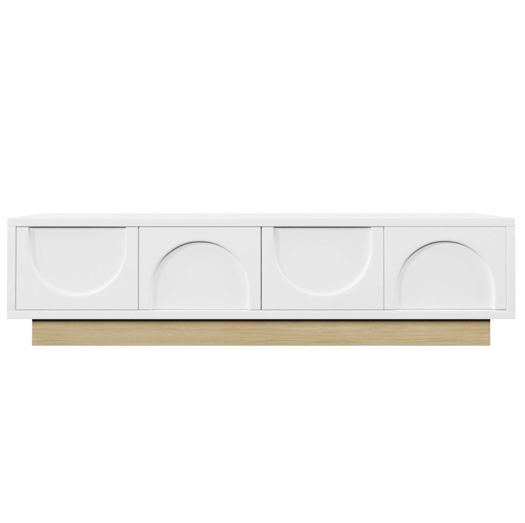 Mobile TV 175 cm con 4 ante push-to-open in MDF bianco e finitura color legno