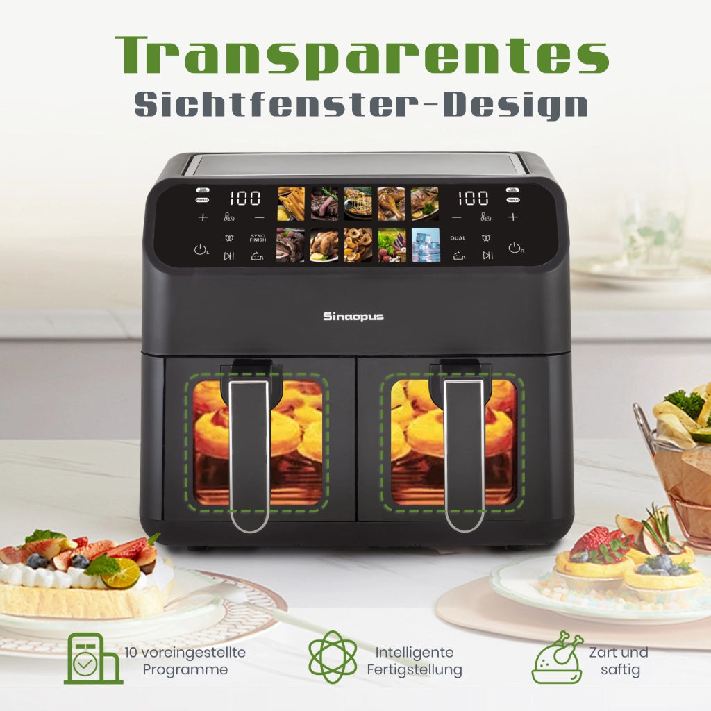 Friggitrice ad aria a doppio cestello 9 l 2000 W con display LED touch temperatura 80–200 °C e timer 60 min nera