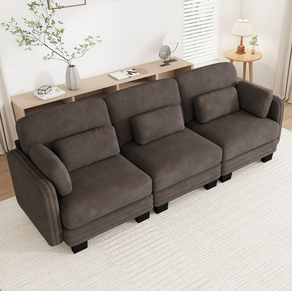 Divano modulare in ciniglia marrone con cuscini mobili; 253 x 88 x 88 cm