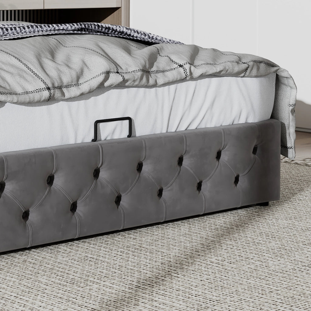 Letto imbottito matrimoniale a orecchie 160 x 200 cm in flanella con doppia fila di borchie e contenitore idraulico - Grigio