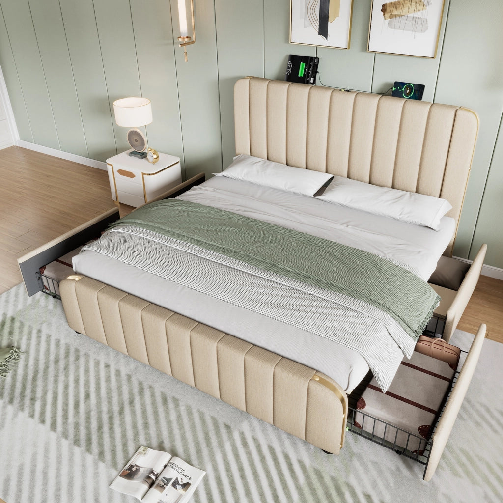 Letto Contenitore Matrimoniale Imbottito 160x200 cm con USB; USB-C; Cassetti; Testiera Contenitore; Beige
