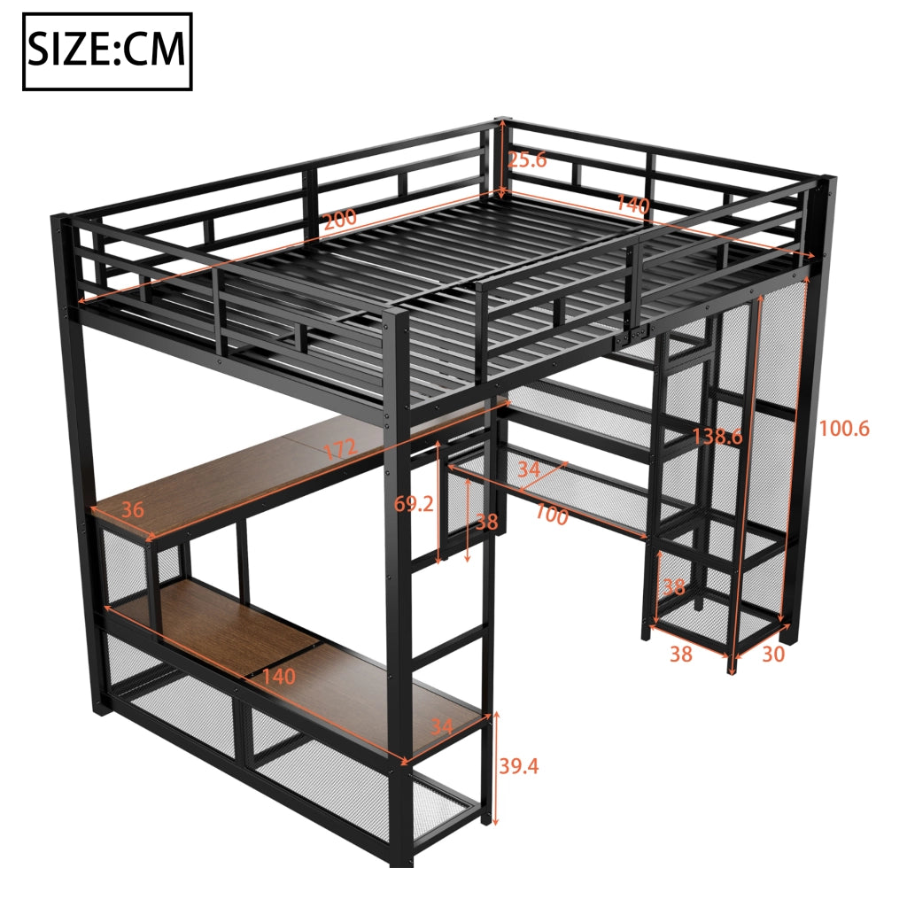 Letto a Soppalco 140x200 cm con Scrivania; Armadio; LED; USB; Scala e Sponde; Nero