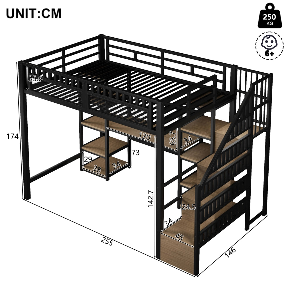 DESMIU Letto a soppalco 140 × 200 cm 1 posto con scrivania, scaffali, LED e USB, senza materasso, nero