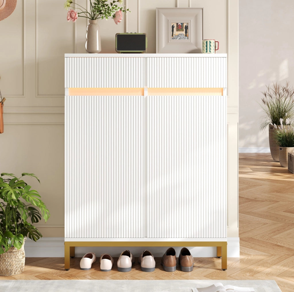 Scarpiera 80x35x103 cm con LED, 2 cassetti e ripiani regolabili in MDF bianco
