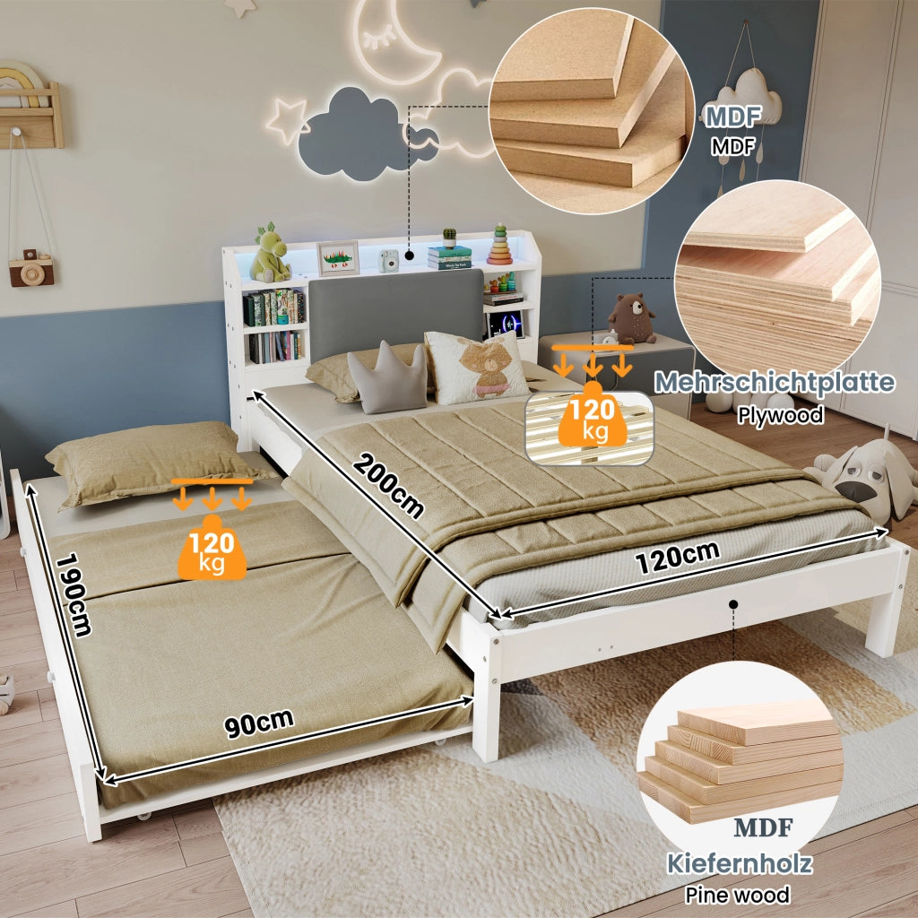 Letto multifunzione 120 x 200 cm con LED e contenitori, letto estensibile in legno bianco con ruote, testiera e struttura salvaspazio
