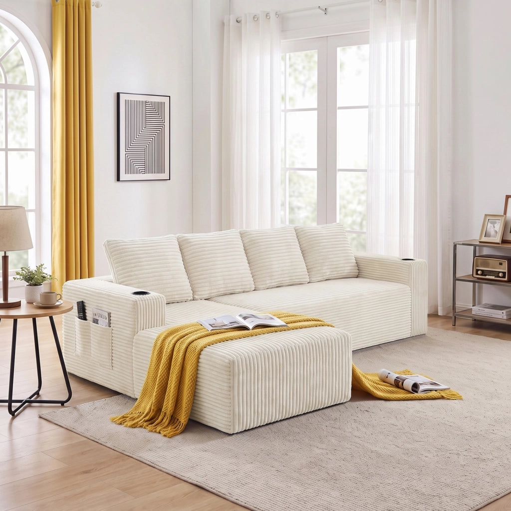 Divano modulare a L con chaise longue reversibile e portabicchieri in velluto a coste beige