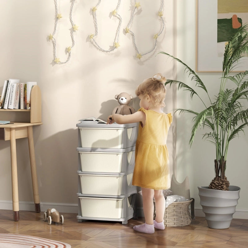 Scatole portaoggetti per bambini, 4 grandi cassetti, bordi arrotondati, plastica, 37x37x76 cm, bianco crema