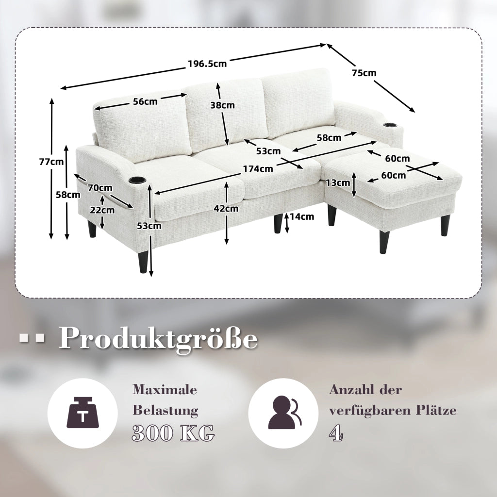 Divano 4 posti con pouf contenitore e portabevande in tessuto chenille beige
