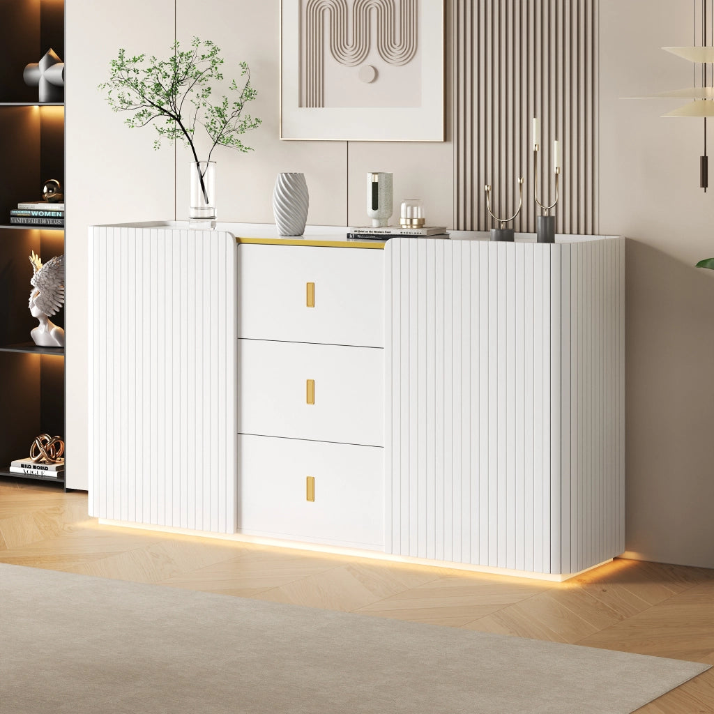 Credenza e madia con LED Bluetooth, 2 ante e 3 cassetti, per soggiorno e cucina, in truciolare bianco, 150 × 35 × 80 cm