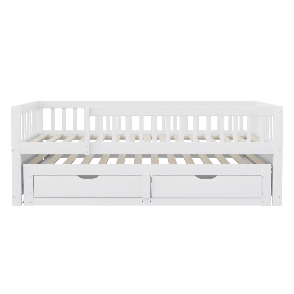 Letto con letto estraibile 90 × 200 cm con due cassetti rete a doghe e barriera perimetrale in legno bianco