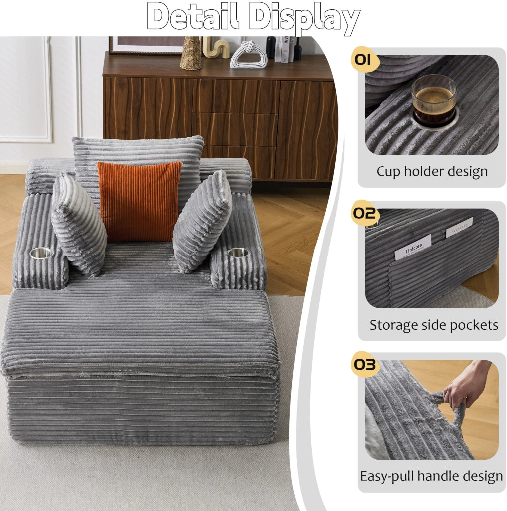 Divano letto senza schienale con chaise longue in tessuto vellutato grigio, 3 cuscini e coperta integrata, senza montaggio