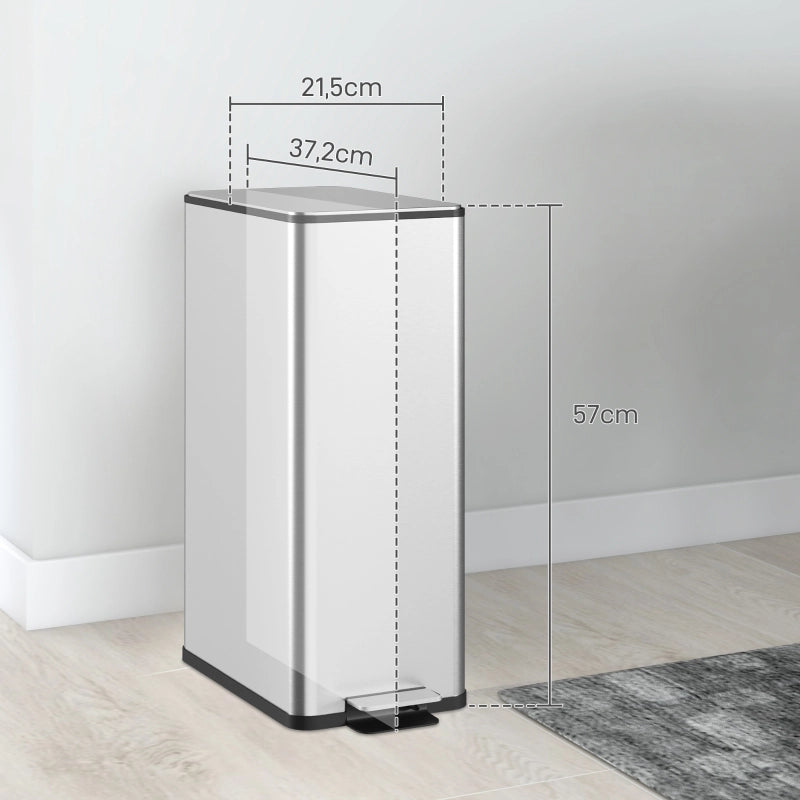 Pattumiera a pedale 20 l in acciaio inox argento con coperchio; secchio interno estraibile e chiusura silenziosa