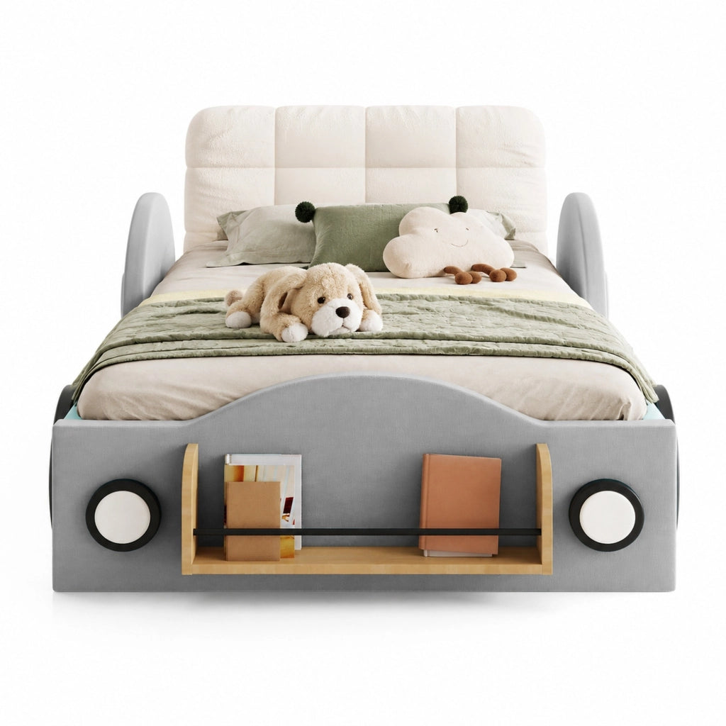 Letto contenitore 90 × 200 cm con vano idraulico tasche laterali libreria e cuscino imbottito in flanella grigio