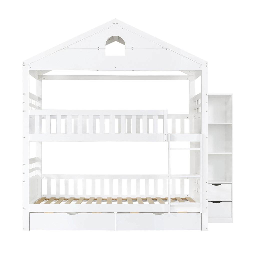Letto a castello per bambini 90 × 200 cm a casetta bianco con scala due cassetti armadio laterale e protezioni