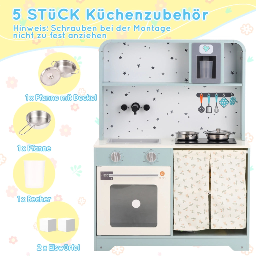 Cucina giocattolo per bambini con erogatore di ghiaccio; microonde e accessori; blu; 29 × 60 × 81 cm