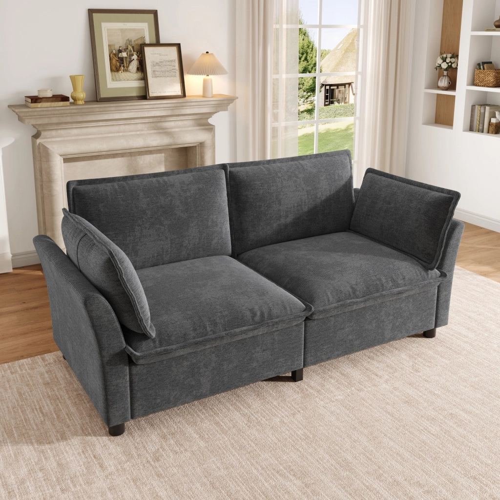 Divano dritto 2 posti con seduta a molle insacchettate e 2 cuscini per braccioli in ciniglia grigio 155 × 81 × 87 cm