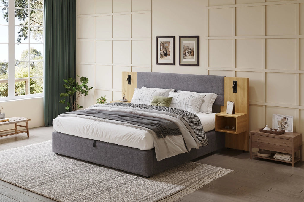 DESMIU Letto contenitore 160 × 200 cm 2 posti con vano idraulico, USB-A, USB-C e illuminazione, senza materasso, velluto grigio e naturale