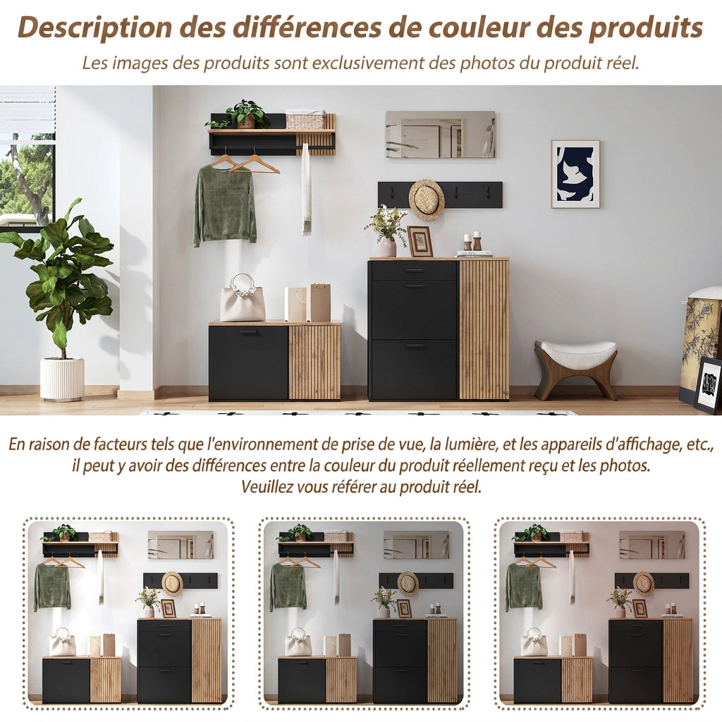 Set mobili da ingresso 5 pezzi; panca scarpiera da ingresso e armadietto; specchio e ganci; mobile da ingresso legno e nero