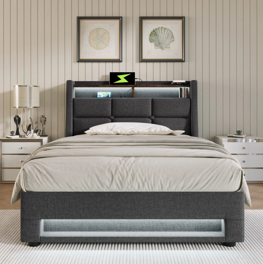 Letto imbottito 90x200 cm con LED; USB e contenitore; grigio