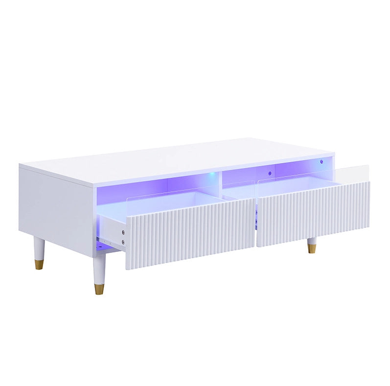 Tavolino da salotto moderno con illuminazione LED colorata, doppio cassetto e gambe in legno bianco e oro 110x50x40 cm