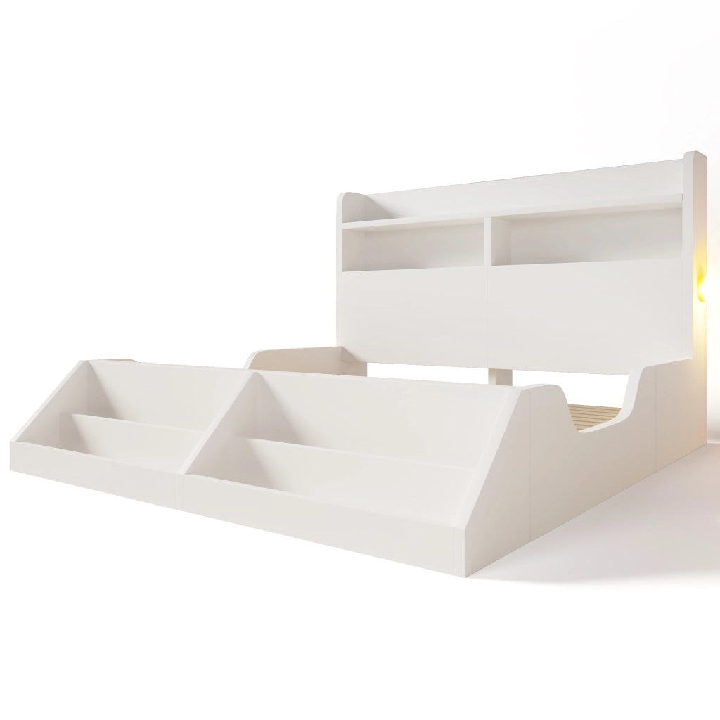 Letto matrimoniale con rete a doghe 140 × 200 cm in legno bianco con luci notturne e libreria rimovibile