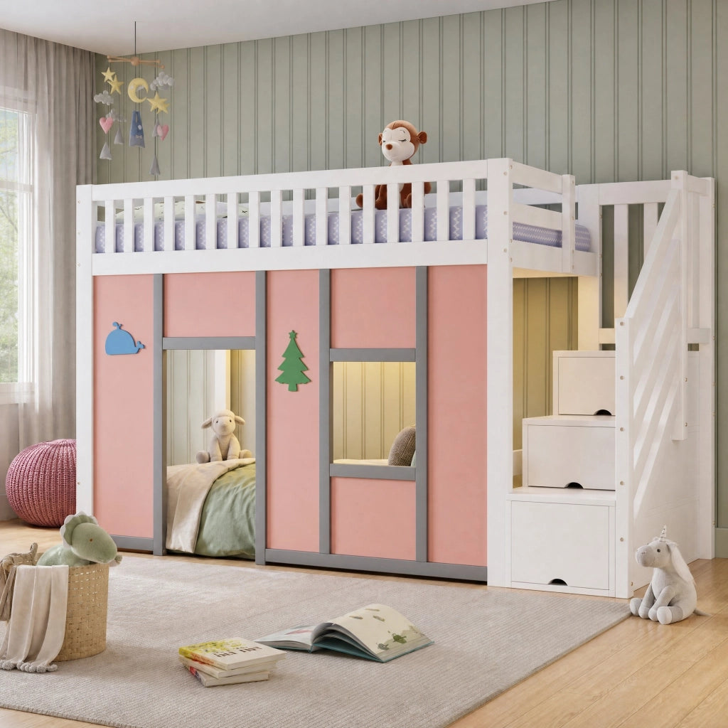 Letto a soppalco per bambini 90x200 cm bianco e rosa con LED