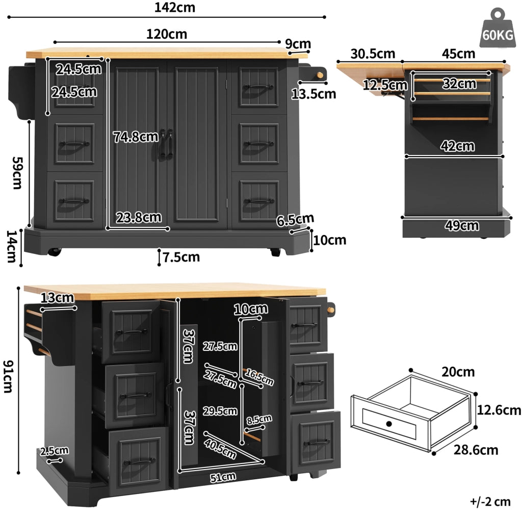 Isola cucina mobile 120x45x91 cm con 2 ante e 6 cassetti nera HOMVRA