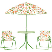 Set da Giardino per Bambini 2-5 Anni con Tavolino Rotondo, 2 Sedie Pieghevoli e un Ombrellone, Verde